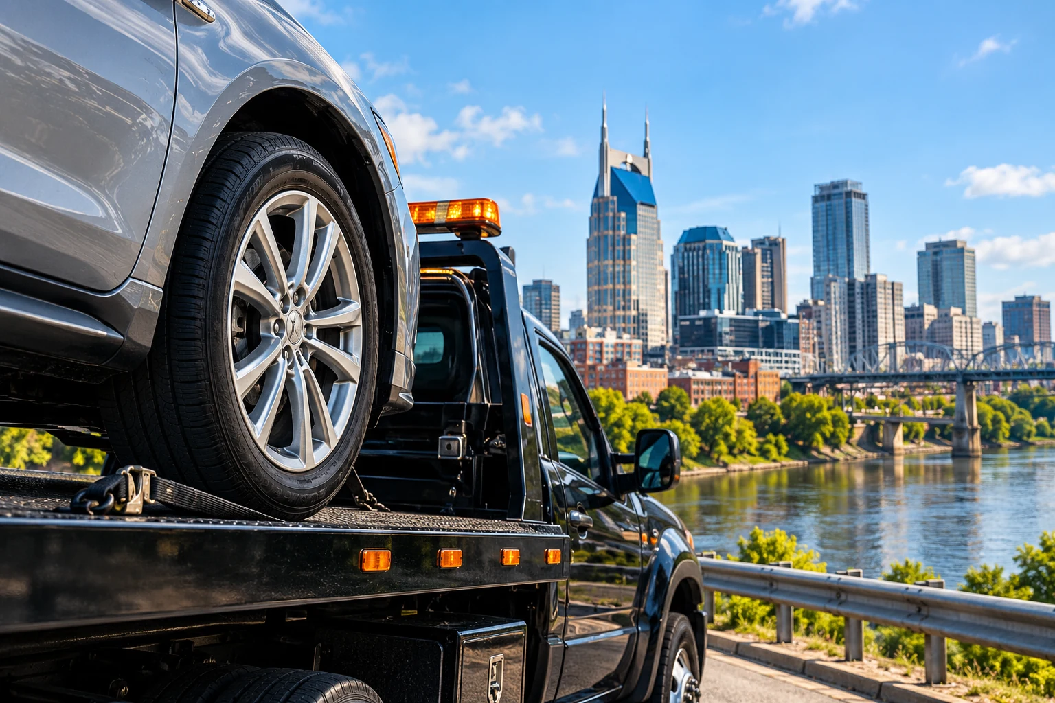 A silver SUV secured on a recovery truck with Nashville in the background